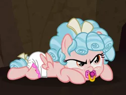 Size: 840x634 | Tagged: suggestive, artist:lynnthenerdkitty, derpibooru import, edit, edited screencap, screencap, cozy glow, pegasus, pony, frenemies (episode), angry, cozy glow is not amused, cozybetes, cropped, cute, diaper, diaper edit, diaper fetish, female, fetish, filly, madorable, non-baby in diaper, pacifier, pouting, prone, solo