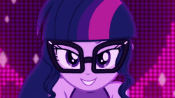 Size: 600x338 | Tagged: safe, derpibooru import, sci-twi, twilight sparkle, equestria girls, equestria girls series, i'm on a yacht, spoiler:eqg series (season 2), animated, female, gif, looking at you, neon eg logo, offscreen character, sexy, solo, stupid sexy sci-twi