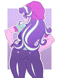 Size: 1500x2000 | Tagged: suggestive, artist:kaikoinu, derpibooru import, starlight glimmer, equestria girls, spoiler:eqg specials, ass, beanie, breasts, butt, clothes, female, glimmer glutes, hands on hip, hat, leggings, looking at you, looking back, looking back at you, smiling, solo, solo female, tight clothing, white outline