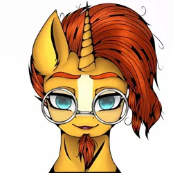 Size: 1200x1200 | Tagged: safe, alternate version, artist:pearl123_art, derpibooru import, sunburst, pony, unicorn, bust, colored, facial hair, glasses, goatee, male, messy mane, simple background, smiling, solo, stallion, white background