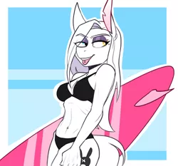 Size: 1908x1782 | Tagged: safe, artist:redxbacon, derpibooru import, oc, oc:rubber bunny, anthro, belly button, bellyring, bikini, clothes, eyebrow piercing, female, heterochromia, image, piercing, png, skinny, surfboard, swimsuit, tongue out, tongue piercing