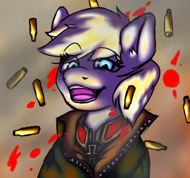 Size: 1600x1500 | Tagged: semi-grimdark, anonymous artist, derpibooru import, oc, oc:aryanne, pony, art pack:marenheit 451, /mlp/, blood, bullet, clothes, coat, iron cross, laughing, solo