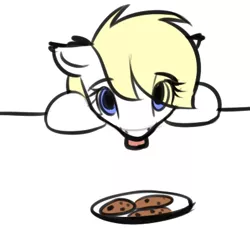 Size: 403x397 | Tagged: safe, anonymous artist, derpibooru import, oc, oc:aryanne, pony, art pack:marenheit 451, /mlp/, cookie, food, licking, simple background, solo, table, tongue out