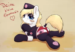Size: 3316x2289 | Tagged: source needed, suggestive, artist:whiskeypanda, derpibooru import, oc, oc:aryanne, earth pony, pony, art pack:marenheit 451, /mlp/, bandaid, clothes, female, german, image, mare, nazi, nurse outfit, panties, png, simple background, smiling, socks, solo, swastika, underwear, uniform