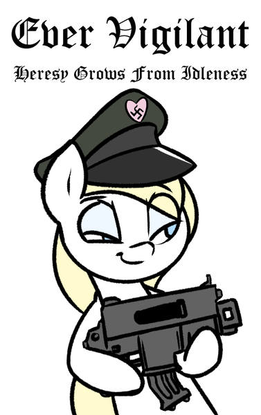 Size: 500x795 | Tagged: safe, artist:lyrabop, derpibooru import, oc, oc:aryanne, earth pony, pony, art pack:marenheit 451, /mlp/, female, gun, hat, mare, nazi, smiling, solo, swastika, weapon