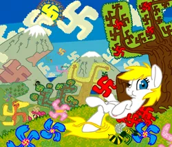 Size: 12626x10831 | Tagged: safe, artist:iillli, derpibooru import, oc, oc:anonfilly, oc:aryanne, unofficial characters only, bee, insect, pony, art pack:marenheit 451, /mlp/, abstract background, absurd resolution, female, filly, looking at you, mare, nazi, one eye closed, psychedelic, swastika
