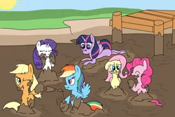 Size: 3000x2000 | Tagged: safe, artist:amateur-draw, derpibooru import, applejack, fluttershy, pinkie pie, rainbow dash, rarity, twilight sparkle, twilight sparkle (alicorn), alicorn, earth pony, pegasus, pony, unicorn, female, lake, mane six, mare, mud, mud bath, mud fight, mud mask, muddy, pier, simple background, squishy, summer