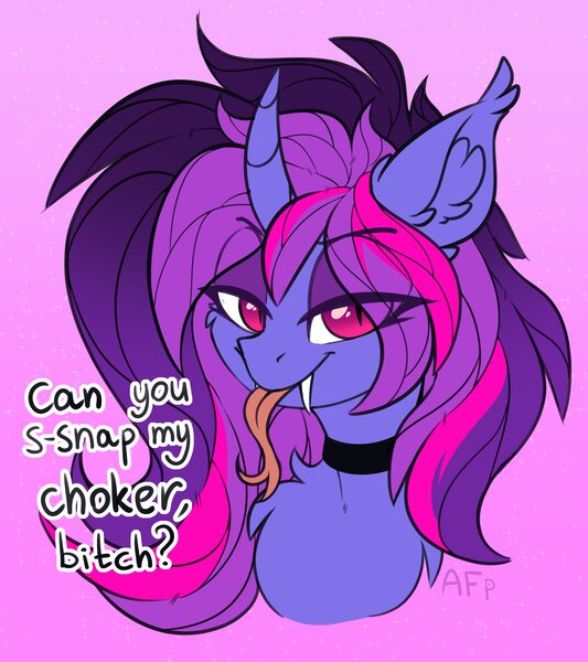 Size: 3111x3500 | Tagged: suggestive, artist:airfly-pony, derpibooru import, oc, oc:miranda, unofficial characters only, pony, unicorn, bust, choker, fangs, female, looking at you, simple background, snake tongue, solo, until the choker breaks, vulgar