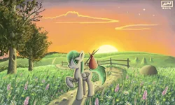 Size: 854x512 | Tagged: safe, artist:dreamyskies, derpibooru import, oc, oc:dreamer skies, unofficial characters only, pegasus, pony, 3ds, backstory in the comments, beautiful, cloud, fence, field, flower, folded wings, home, hope, looking at you, male, outdoors, peaceful, pegasus oc, scenery, scenery porn, signature, sky, smiling, solo, stallion, stars, sunrise, travelling, tree, wings