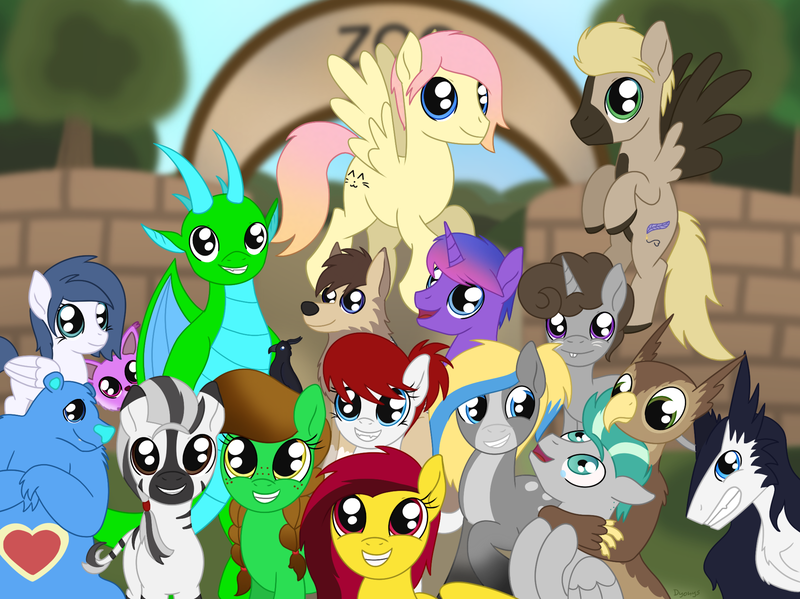 Size: 2071x1551 | Tagged: safe, artist:dyonys, derpibooru import, oc, oc:barpy, oc:ciel, oc:draim, oc:fridis, oc:graceful motion, oc:lucky brush, oc:marty (vlník), oc:nik, oc:objector, oc:shakedown, oc:tiny amber, oc:twizzle peas, bear, big cat, bird, dracony, dragon, earth pony, hybrid, jackal, lynx, original species, owl, pegasus, pony, sergal, unicorn, zebra, choking, female, flying, group photo, looking at you, male, mare, open mouth, smiling, stallion, zoo