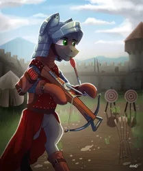 Size: 2503x3000 | Tagged: safe, artist:helmie-art, derpibooru import, oc, unofficial characters only, earth pony, pony, armor, arrow, clothes, crossbow, fort, helmet, high res, image, mouth hold, quiver, reloading, solo, standing on two hooves, target, tent