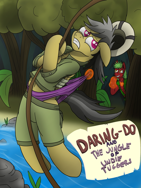 Size: 3024x4032 | Tagged: suggestive, artist:tacomytaco, derpibooru import, daring do, oc, earth pony, pegasus, pony, amulet, bandage, bandaged wing, belly button, bipedal, book cover, clothes, cover, female, gritted teeth, hat, jewelry, jungle, magic, male, open clothes, pain, panties, purple underwear, river, rope, shirt, shorts, striped underwear, swing, underwear, wedgie, wings
