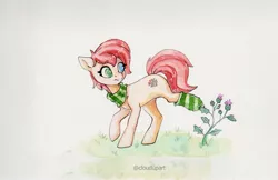 Size: 3100x2011 | Tagged: safe, artist:cloud-up, derpibooru import, oc, oc:rusty gears, unofficial characters only, earth pony, clothes, female, heterochromia, plant, scarf, sock, socks, solo, striped socks, stuck