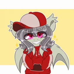 Size: 2500x2500 | Tagged: safe, alternate version, artist:etoz, derpibooru import, oc, oc:gravel shine, unofficial characters only, bat pony, pony, bat pony oc, bat wings, bipedal, cap, clothes, cute, eyebrows, fangs, grey hair, happy, hat, male, pink eyes, request, requested art, smiling, solo, stallion, teeth, wings