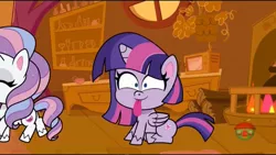 Size: 1280x720 | Tagged: safe, derpibooru import, screencap, potion nova, twilight sparkle, alicorn, pony, unicorn, all that jitters, my little pony: pony life, spoiler:pony life s01e15, spoiler:pony life s01e24, behaving like a cat, cute, fire, tongue out, treehouse logo, twiabetes