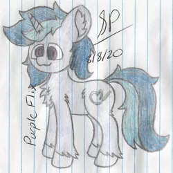 Size: 2060x2064 | Tagged: safe, artist:mlplayer dudez, derpibooru import, oc, oc:purple flix, unofficial characters only, pony, unicorn, chest fluff, colored, cute, ear fluff, fluffy, happy, leg fluff, male, signature, smiling, solo, stallion, standing, traditional art