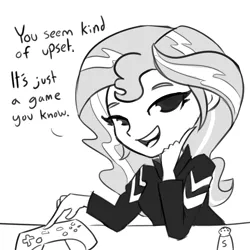 Size: 2250x2250 | Tagged: safe, artist:tjpones, derpibooru import, sunset shimmer, human, equestria girls, controller, female, food, grayscale, hypocritical humor, monochrome, role reversal, salt, smug, smugset shimmer, solo, you seem upset