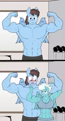 Size: 1207x2243 | Tagged: suggestive, artist:calm wind, artist:matchstickman, derpibooru import, edit, fleetfoot, oc, oc:calm wind, anthro, pegasus, 1000 years in photoshop, abs, bare chest, bedroom eyes, biceps, blushing, blushing profusely, bodybuilder, breasts, busty fleetfoot, canon x oc, cleavage, clothes, dumbbell (object), female, fleetflex, fleetwind, flexing, flirting, gym, gym shorts, image, lidded eyes, lip bite, looking at each other, looking down, looking up, male, muscles, nervous, pecs, png, shy, sports bra, wonderbolts