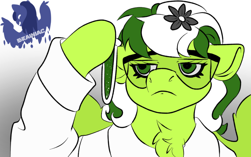 Size: 1920x1200 | Tagged: safe, artist:brainiac, derpibooru import, oc, oc:margarite daisy, unofficial characters only, chest fluff, clothes, floppy ears, hoof hold, lab coat, meme, meme weekend, safety goggles, solo, test tube