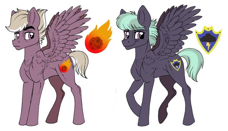 Size: 8032x4632 | Tagged: safe, artist:celestial-rainstorm, derpibooru import, oc, oc:iron weight, oc:thunderclap, unofficial characters only, pegasus, pony, male, offspring, parent:cloudchaser, parent:dumbbell, parent:flitter, parent:thunderlane, parents:flitterlane, simple background, stallion, white background