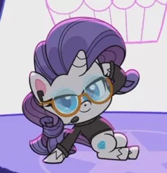 Size: 610x630 | Tagged: safe, derpibooru import, screencap, rarity, pony, unicorn, keynote pie, my little pony: pony life, spoiler:pony life s01e16, spoiler:pony life s01e26, clothes, female, glasses, headworn microphone, looking at you, mare, sitting, solo