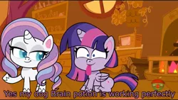 Size: 1280x720 | Tagged: safe, derpibooru import, edit, edited screencap, screencap, potion nova, twilight sparkle, alicorn, pony, unicorn, all that jitters, my little pony: pony life, spoiler:pony life s01e15, spoiler:pony life s01e24, behaving like a dog, caption, fire, image macro, mind control, text, tongue out, treehouse logo