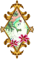 Size: 1848x3244 | Tagged: safe, artist:breioom, derpibooru import, oc, oc:verdure phoenix, unofficial characters only, pegasus, pony, bust, commission, female, fern, flower, flower in hair, gold, leaves, lily flower, mare, picture frame, portrait, simple background, smiling, solo, transparent background, ych example, your character here