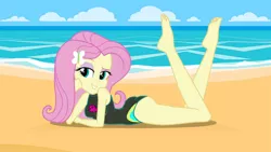 Size: 1920x1080 | Tagged: safe, artist:darthrexx, derpibooru import, edit, editor:astroboy84, fluttershy, human, equestria girls, equestria girls series, 1920x1080, ass, barefoot, beach, beach babe, beautiful, beautiful eyes, bedroom eyes, breasts, butt, clothes, cute, dat butt, feet, feet up, female, flutterbutt, fluttershy's one-piece swimsuit, foot focus, image, legs, legs in air, long hair, looking at you, meme, ocean, one-piece swimsuit, outdoors, pink hair, pinup, png, prone, sky, smiling, solo, swimsuit, toes, wallpaper