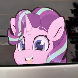 Size: 794x794 | Tagged: safe, artist:partylikeanartist, derpibooru import, starlight glimmer, pony, unicorn, anime, anime eyes, bumper sticker, car, chibi, cute, etsy, ford focus, glimmerbetes, irl, looking at you, peeker, peeking, photo, solo, sticker