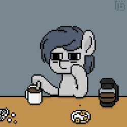 Size: 800x800 | Tagged: safe, artist:vohd, derpibooru import, oc, oc:sleepy goodnight, earth pony, fly, insect, pony, animated, coffee, cookie, cup, food, frame by frame, pixel art, sleepy, solo, sugarcube