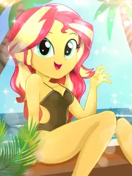 Size: 1800x2400 | Tagged: safe, artist:artmlpk, derpibooru import, sunset shimmer, equestria girls, adorable face, adorasexy, adorkable, bare chest, bare shoulders, beach, beautiful, black swimsuit, clothes, cute, digital art, dork, female, lens flare, looking at you, one-piece swimsuit, open mouth, palm tree, sexy, shimmerbetes, sleeveless, smiley face, smiling, smiling at you, solo, summer, swimsuit, tree, water, watermark