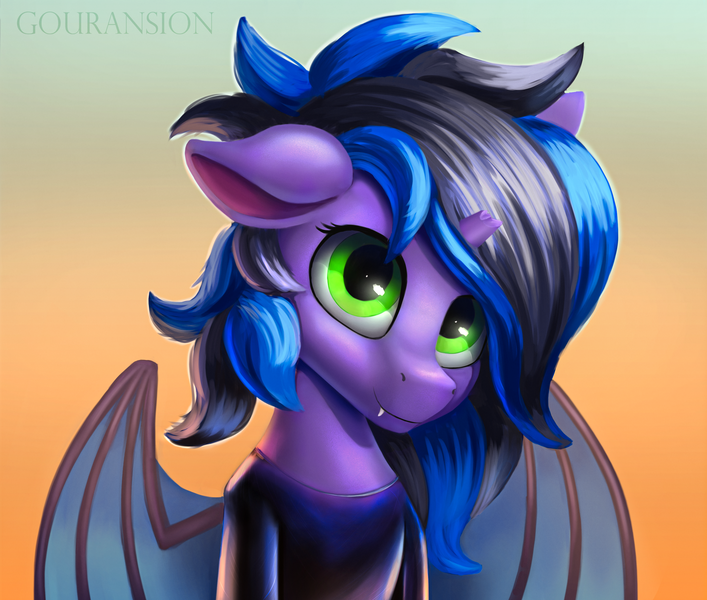 Size: 2808x2383 | Tagged: source needed, safe, artist:gouransion, derpibooru import, oc, oc:kuro, unofficial characters only, bat pony, dragon, bust, commission, gradient background, looking at you, male, solo