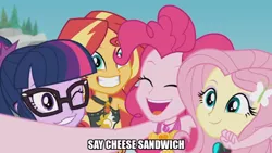 Size: 1024x576 | Tagged: safe, derpibooru import, edit, edited screencap, screencap, cheese sandwich, fluttershy, pinkie pie, sci-twi, sunset shimmer, twilight sparkle, equestria girls, equestria girls series, unsolved selfie mysteries, caption, clothes, cute, diapinkes, female, geode of empathy, geode of sugar bombs, image macro, magical geodes, one eye closed, selfie, shimmerbetes, shyabetes, swimsuit, text, twiabetes, wetsuit, wink