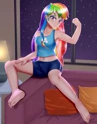 Size: 808x1024 | Tagged: safe, alternate version, artist:focusb, derpibooru import, edit, editor:thomasfan45, rainbow dash, human, equestria girls, armpits, barefoot, beautiful, bedroom eyes, belly button, clothes, compression shorts, couch, cute, cutie mark, cutie mark on clothes, eyeshadow, feet, female, fetish, flexing, gym shorts, hand on thigh, human coloration, lamp, legs, lidded eyes, looking at you, makeup, midriff, night, off shoulder, pillow, seductive, sexy, shorts, sitting, smiling, solo, stars, stupid sexy rainbow dash, table, tanktop, tight shorts, tomboy, window