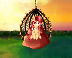 Size: 3015x2412 | Tagged: safe, artist:afuna, artist:notmywing, derpibooru import, oc, oc:sun summoner, unofficial characters only, bat pony, pony, bat pony oc, bat wings, collaboration, commission, looking at you, lying, outdoors, pillow, scenery, sitting, solo, sunset, swing, wings, ych result