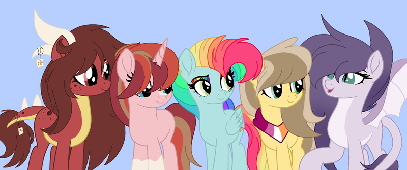 Size: 3500x1466 | Tagged: safe, artist:circuspaparazzi5678, derpibooru import, oc, oc:amethyst, oc:honey sweets, oc:rainbow blitz, oc:sakura ruby, oc:sunrise dawn, dracony, earth pony, hybrid, pegasus, pony, unicorn, bandana, base used, dragon horns, dragon wings, ear piercing, earring, interspecies offspring, jewelry, lesbian pride flag, magical lesbian spawn, movie accurate, multicolored hair, next generation, offspring, parent:applejack, parent:caramel, parent:fluttershy, parent:rainbow dash, parent:rarity, parent:spike, parent:starlight glimmer, parent:sunburst, parents:carajack, parents:flutterdash, parents:sparity, parents:starburst, piercing, pride, pride flag, rainbow hair, rainbow makeup, spots, tanabata dragon pony, wings