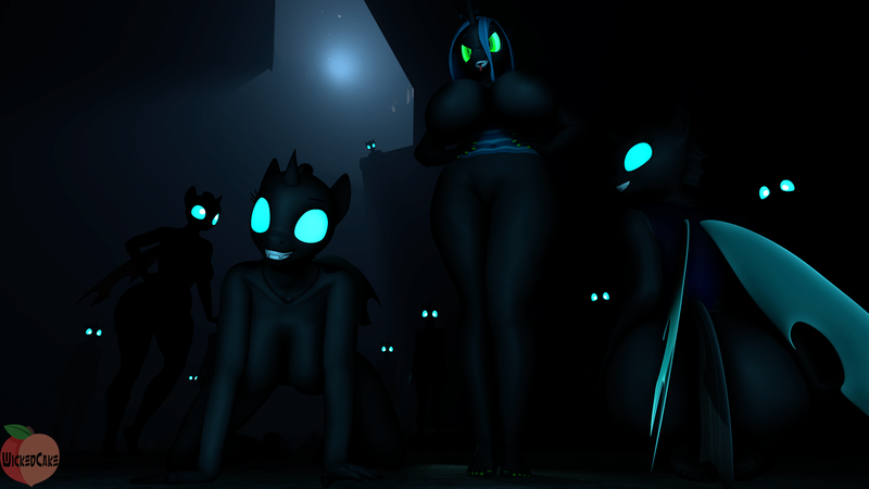 Size: 3840x2160 | Tagged: questionable, artist:wickedcake, derpibooru import, queen chrysalis, anthro, changeling, 3d, barefoot, big breasts, breasts, bugbutt, busty changeling, busty queen chrysalis, butt, fangs, feet, female, glowing eyes, grin, large butt, nail polish, nipples, nudity, reversalis, smiling, source filmmaker, surrounded, this will end in snu snu, toenail polish