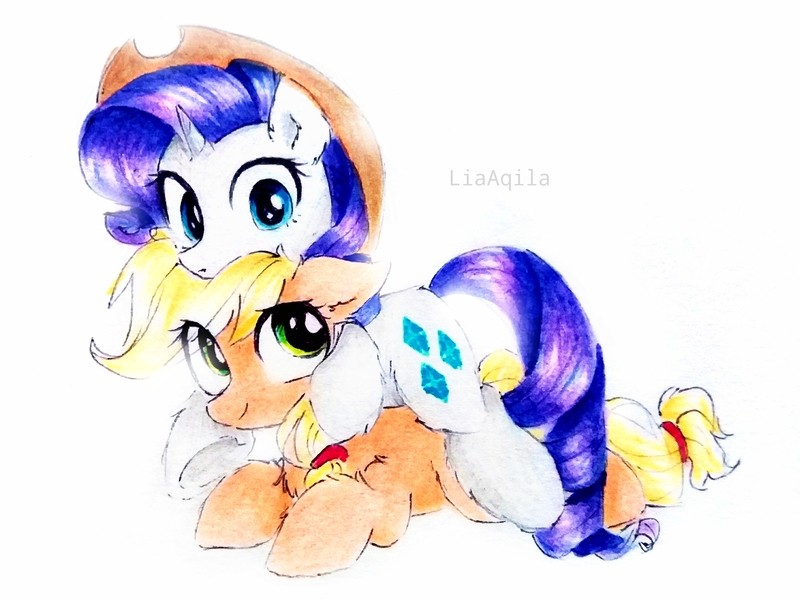 Size: 2994x2246 | Tagged: safe, artist:liaaqila, derpibooru import, applejack, rarity, earth pony, pony, unicorn, accessory swap, accessory theft, applejack's hat, commission, commissioner:raritybro, cowboy hat, female, hat, hug, lesbian, mare, ponies riding ponies, rarijack, rarity riding applejack, riding, shipping, simple background, smiling, traditional art, white background