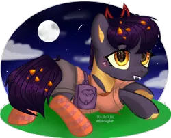 Size: 2742x2217 | Tagged: safe, artist:midnightmusic, derpibooru import, oc, oc:tricky treat, unofficial characters only, dracony, dragon, hybrid, pony, bag, blushing, candy, candy corn, clothes, cloud, commission, fangs, female, food, hairband, mare, moon, night, pumpkin, saddle bag, shirt, shorts, sky, socks, solo, stars, striped socks, ych result
