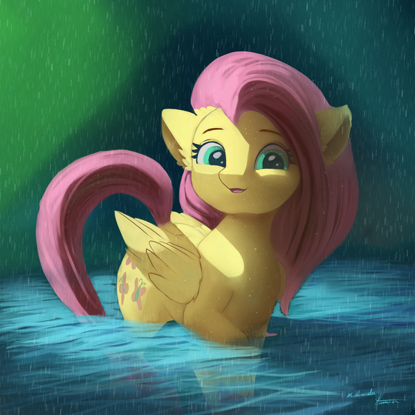 Size: 4000x4000 | Tagged: safe, artist:auroriia, artist:miokomata, derpibooru import, fluttershy, pegasus, pony, absurd resolution, collaboration, cute, ear fluff, female, mare, open mouth, rain, shyabetes, smiling, solo, water