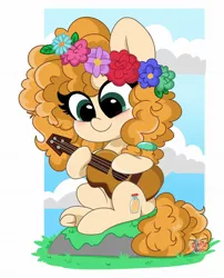 Size: 1654x2048 | Tagged: safe, artist:kittyrosie, derpibooru import, pear butter, earth pony, pony, blushing, cloud, cute, female, floral head wreath, flower, guitar, mare, moss, musical instrument, pearabetes, rock, sitting, solo