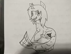 Size: 4048x3036 | Tagged: safe, artist:sonic-spatula, derpibooru import, oc, ponified, ponified:kellin quinn, half-siren, hybrid, pony, curved horn, fangs, fins, fish tail, horn, irl, looking at you, male, monochrome, photo, raised hoof, scales, sitting, sketch, sleeping with sirens, slit eyes, solo, traditional art