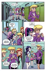 Size: 1988x3056 | Tagged: safe, artist:pencils, color edit, derpibooru import, edit, editor:michaelsety, idw, applejack, fluttershy, ms. harshwhinny, pinkie pie, rainbow dash, rarity, sci-twi, sunset shimmer, twilight sparkle, equestria girls, spoiler:comicequestriagirlsmarchradness, colored, female, human coloration, humane five, humane seven, humane six, light skin, light skin edit, page, skin color edit