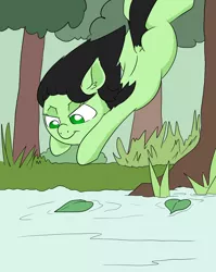 Size: 1000x1256 | Tagged: safe, artist:happy harvey, derpibooru import, oc, oc:anonfilly, unofficial characters only, earth pony, pony, bush, dock, drawn on phone, ear fluff, falling, female, filly, jumping, lake, lilypad, solo, tree, water