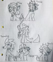 Size: 2945x3464 | Tagged: safe, artist:emmy-does-art, derpibooru import, baby sparks, fizzle, garble, mina, sludge (dragon), spike's fake mother, dog, equestria girls, equestria girls-ified, female, graph paper, male, monochrome, tongue out, traditional art