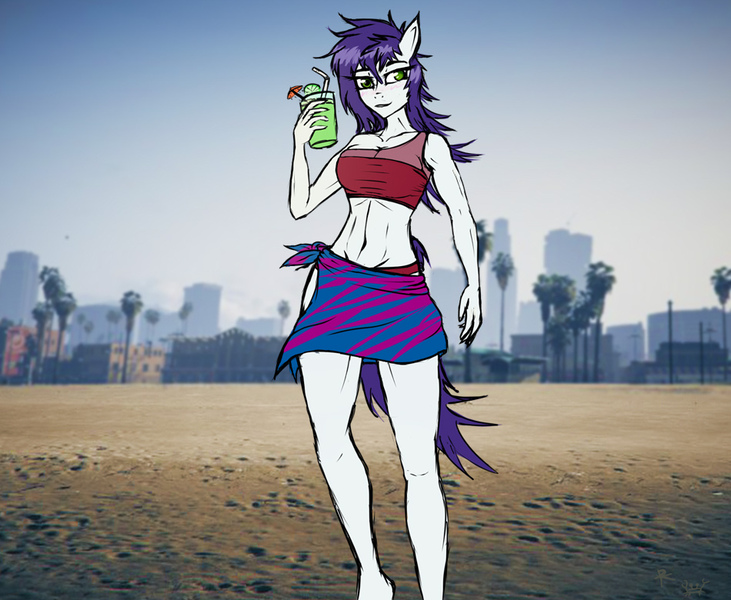 Size: 950x780 | Tagged: suggestive, artist:reload2, derpibooru import, oc, oc:burly bash, unofficial characters only, anthro, earth pony, beach, bikini, breasts, clothes, drink, female, green eyes, solo, swimsuit