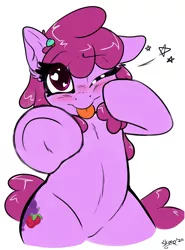 Size: 1500x2025 | Tagged: safe, artist:skoon, derpibooru import, berry punch, berryshine, earth pony, pony, semi-anthro, berrybetes, cute, female, heart eyes, mare, simple background, sketch, solo, standing, tongue out, white background, wingding eyes, winking at you