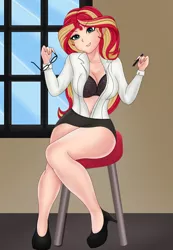 Size: 1701x2457 | Tagged: suggestive, artist:anonix123, derpibooru import, sunset shimmer, human, equestria girls, black bra, bra, breasts, busty sunset shimmer, cleavage, clothes, female, glasses, high res, humanized, legs, open clothes, open shirt, pen, secretary, sexy, short skirt, skirt, solo, solo female, thighs, underwear