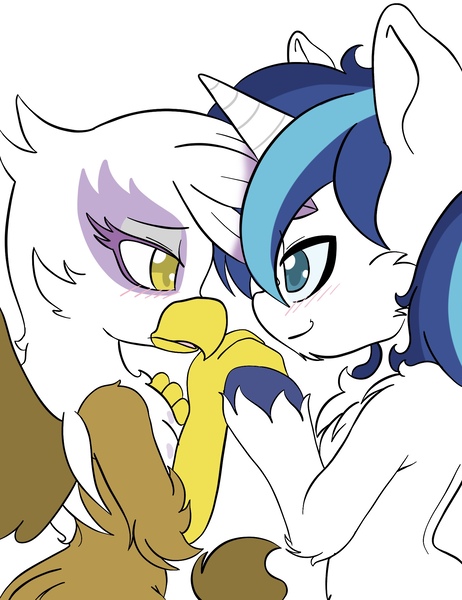 Size: 1536x1993 | Tagged: safe, artist:steelsoul, derpibooru import, gilda, shining armor, blushing, crack shipping, female, gildarmor, hoof hold, infidelity, male, shipping, straight