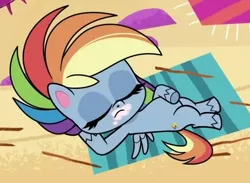 Size: 630x460 | Tagged: safe, derpibooru import, screencap, rainbow dash, pegasus, pony, my little pony: pony life, pony surfin' safari, spoiler:pony life s01e14, spoiler:pony life s01e22, beach, belly, cropped, female, food, food on face, hooves behind head, mare, solo